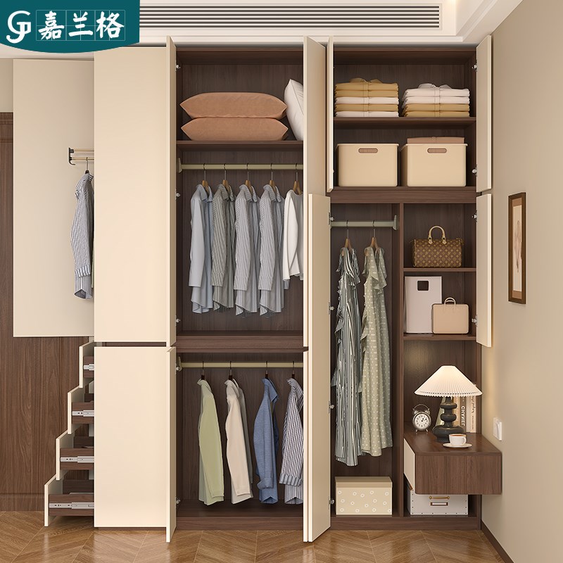 热销奶油中古风分段式转角衣柜带床头柜一体家用卧室免拉手衣橱柜