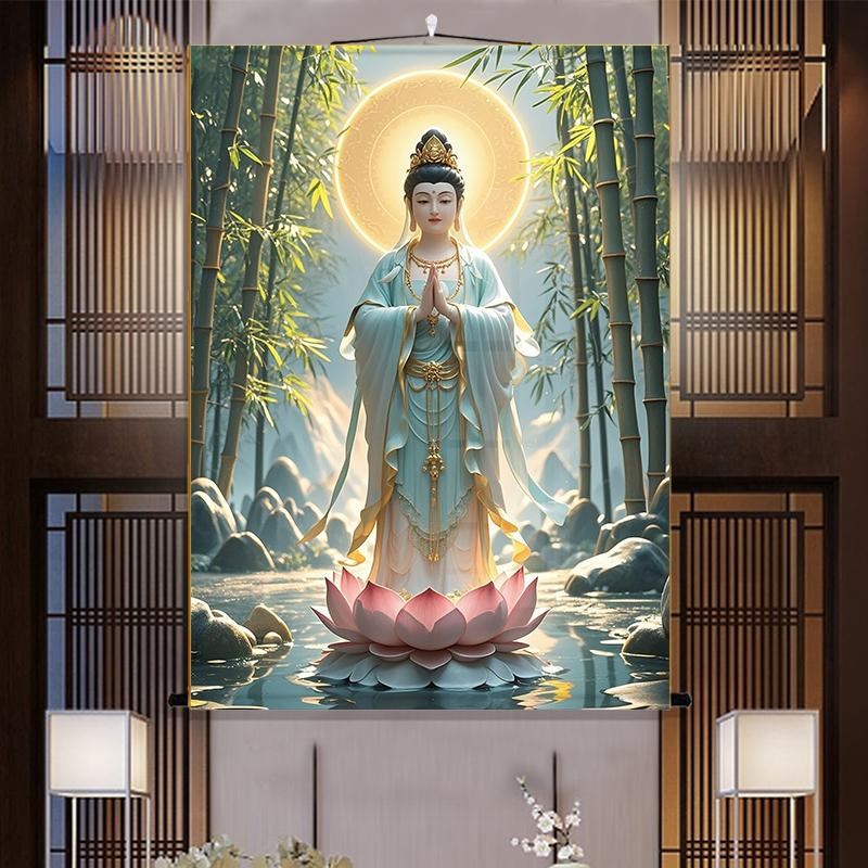 热销竹林观音挂画南海观世音菩萨佛像卷轴白衣观音客厅玄关书房装