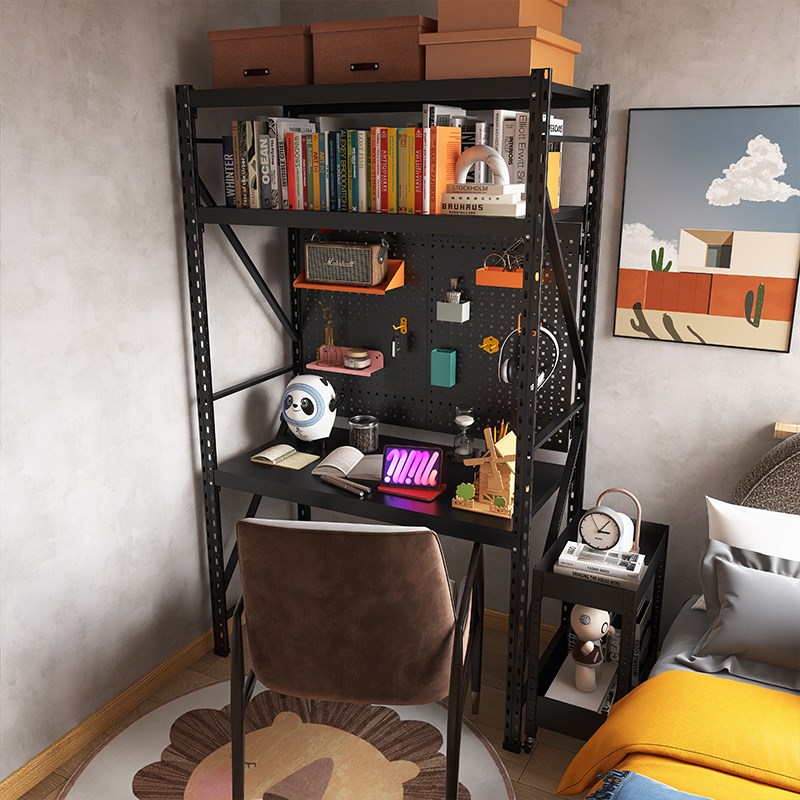 热销峰阳黑色洞洞板书桌电脑桌书架组合置物架落地收纳书柜学生一