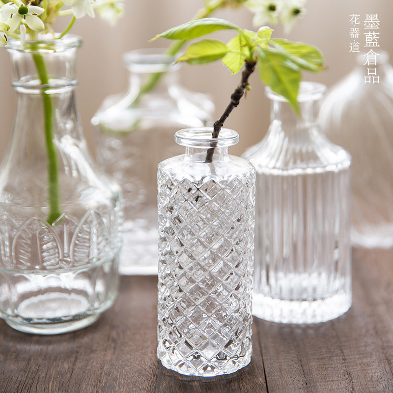 热销迷你玻璃小花瓶摆件 透明花器 客厅桌中式日式面插花器皿 自