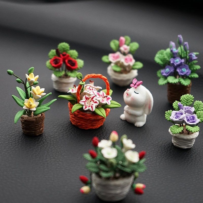 热销迷你编织花篮汽车小摆件创意精致陶土车载车内小花瓶中控台装