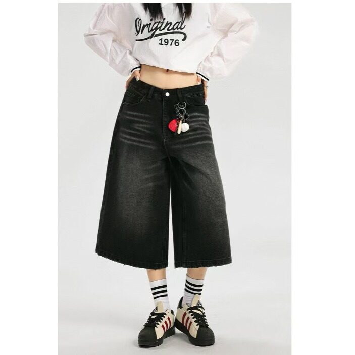 美式复古黑色七分裤女夏2025新款水洗做旧宽松阔腿辣妹牛仔中短裤