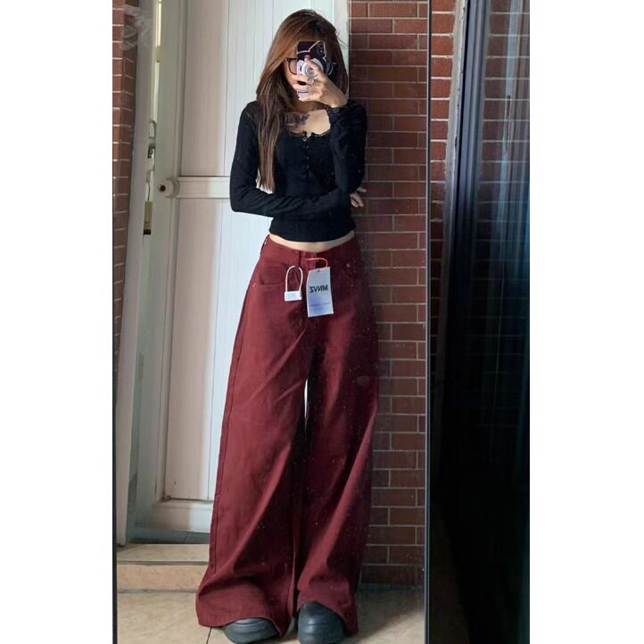 美式复古红牛仔裤女阔腿裤高腰修身宽松百搭垂感直筒裤拖地长裤子