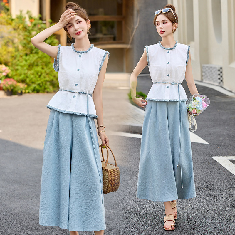 小个子棉麻阔腿裤套装女2025夏季新爆款高级感显瘦休闲裤裙两件套