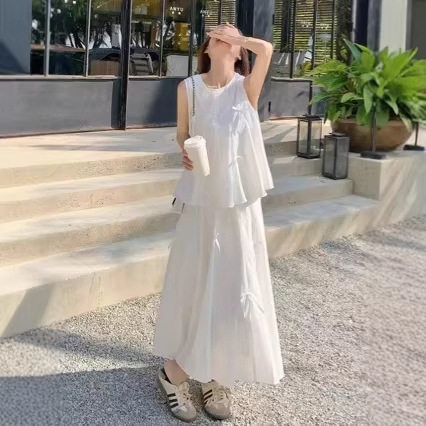 今年流行法式蝴蝶结蓝色无袖套装裙女夏装搭配一整套半身裙两件套
