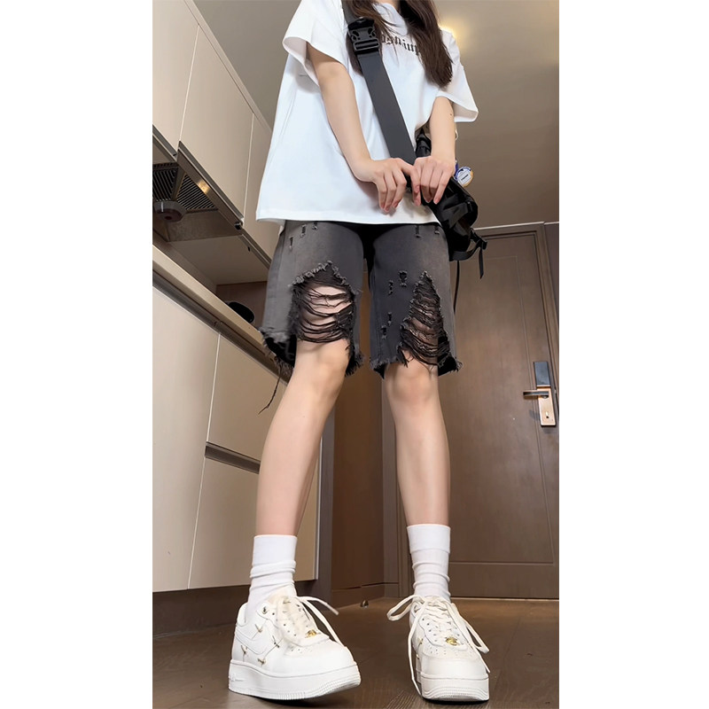 五分裤女夏ins设计感乞丐破洞牛仔短裤 百搭牛仔短裤五分