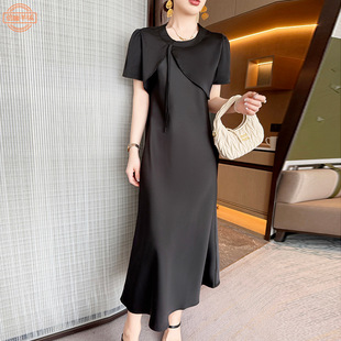 高端V领珍珠醋酸吊带连衣裙2025夏新款 高级感钻条仿真丝长裙 法式