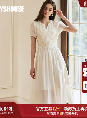 罗衣法式宫廷风泡泡袖连衣裙2025夏季新款高级拼水溶花裙子10716