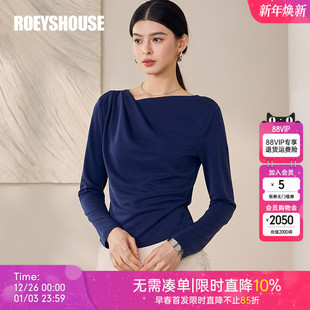 女秋季 针织衫 小众斜领通勤宝蓝色上衣12581 短款 罗衣别致褶皱修身