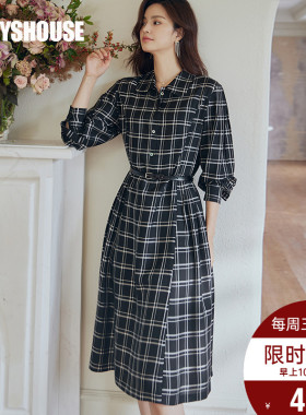 罗衣复古格子醋酸连衣裙女2025春季新款气质褶皱大摆中长裙07184