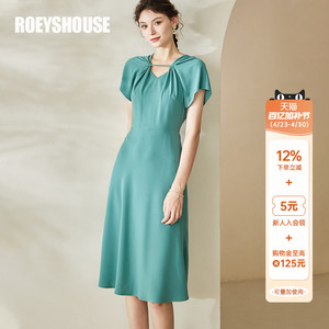 罗衣气质绿色高级感连衣裙女夏设计感褶皱连袖大摆中长裙子08728