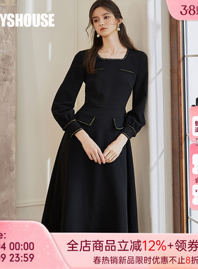 罗衣法式方领收腰大摆连衣裙春季气质黑色长袖大摆晚会礼裙09934