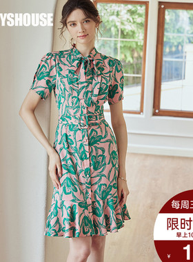 罗衣知性花色鱼尾摆连衣裙女2025夏装新款复古印花短袖裙子01851