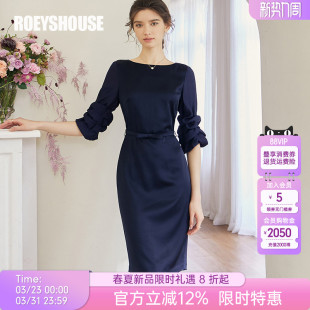 罗衣优雅深藏青进口醋酸连衣裙女春法式 拼接系带裙子06965 灯笼袖