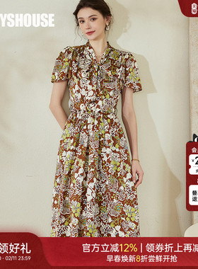 罗衣复古系带领缎面泡泡袖连衣裙女春气质收腰显瘦印花裙子08509