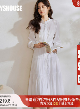 罗衣通勤立领收腰衬衫连衣裙女2025春季新款白色褶皱大摆裙08347