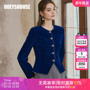 圆领精致上衣11221 修身 罗衣高级宝蓝色丝绒短外套女2025秋季 时尚
