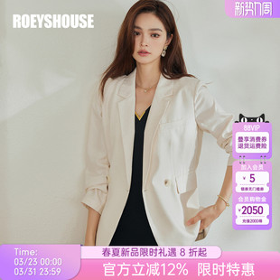 罗衣通勤休闲时尚 外套女春气质OL风米白色翻领西服10453 亚麻西装