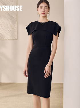 wp罗衣高级黑色修身连衣裙2025夏季新款时尚拼接收腰中长裙12121