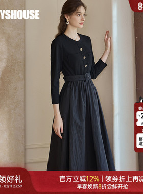 罗衣时尚拼接针织系带连衣裙女春季新款高级通勤黑色大摆裙11640