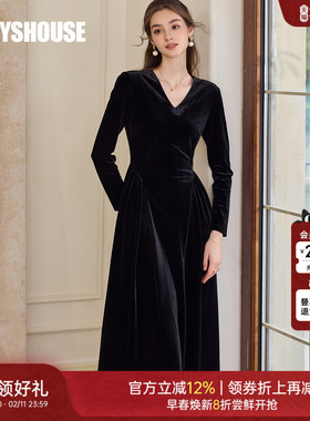 罗衣法式赫本风丝绒连衣裙2025秋季新款复古高级大摆中长裙10934