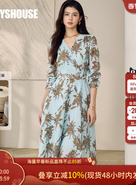 罗衣法式大摆亚麻连衣裙女春季漂亮约会印花V领收腰中长裙子12480