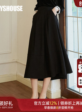 罗衣高级优雅黑色百褶半身裙秋冬重要场合通勤肌理感大摆裙09656