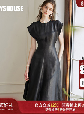 罗衣时尚连袖收腰连衣裙2025夏季新款气质黑色大摆中长裙子10259