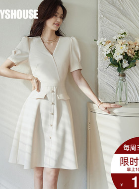 罗衣知性V领鹅黄色连衣裙女2025夏装新款气质泡泡袖大摆裙子06361