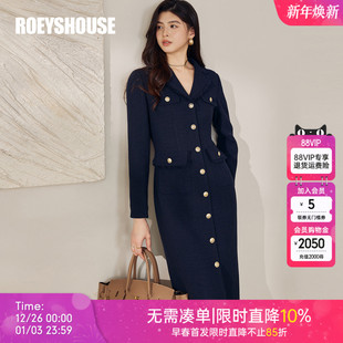 罗衣重要场合藏蓝色长袖 显瘦包臀长裙子13035 连衣裙女冬职场修身