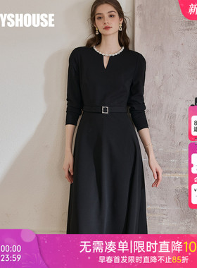 罗衣气质镂空系带连衣裙2025秋季新款时尚大摆黑色针织裙子11561