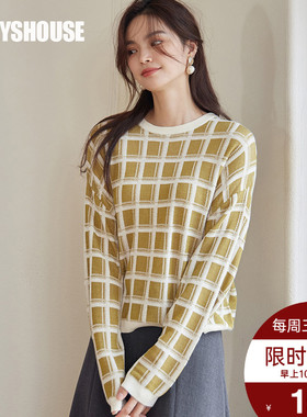 罗衣慵懒圆领宽松格纹毛衣女春季复古棕绿绵羊毛打底针织衫08863