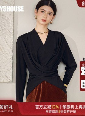 罗衣职场交叉垂坠收腰黑色T恤女冬季轻熟风V领褶皱长袖上衣12728