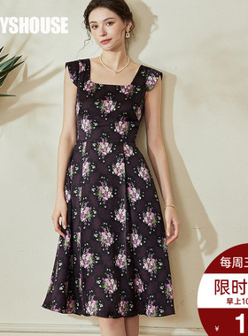 罗衣复古方领花色连衣裙2025夏装新款别致小飞袖缎面中长裙08607