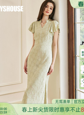 罗衣贵气感荷叶袖提花修身连衣裙女夏季浅绿色显身材鱼尾裙10693