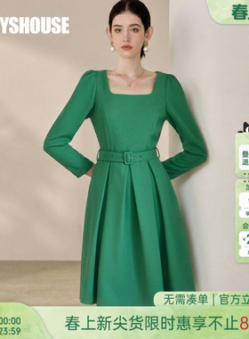 罗衣高级感绿色肌理感连衣裙女春季系带收腰方领长袖大摆裙07217