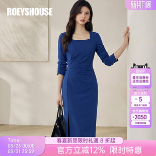 气质开叉纯色包臀裙07080 连衣裙女春季 罗衣时尚 通勤方领褶皱修身