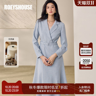 时尚 新款 麻料中长裙12794 连衣裙2025秋季 罗衣优雅系带浅蓝色西装