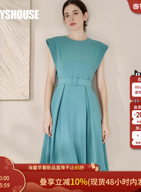 罗衣气质褶皱系带无袖连衣裙2025夏装新款知性绿色大摆裙子08854