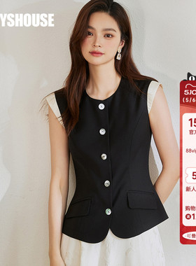 罗衣知性职业修身马甲女夏季气质重要场合百搭黑色无袖上衣10414