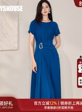 罗衣气质蓝色收腰针织连衣裙女2025夏季新款法式大摆中长裙12037