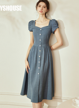 罗衣法式泡泡袖褶皱连衣裙女2024夏季新款时尚牛仔蓝大摆裙08568