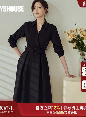 罗衣气质V领系带连衣裙女2025秋装新款知性黑色大摆中长裙子08208