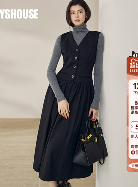 罗衣独特黑色V领内搭连衣裙女春季通勤重要场合无袖大摆裙12892