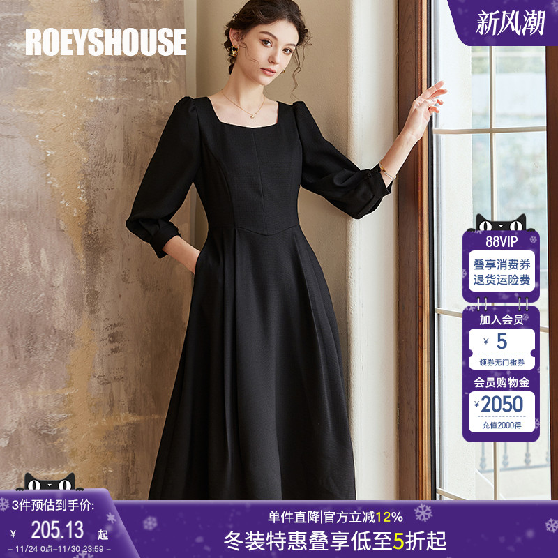 罗衣法式方领泡泡袖大摆连衣裙