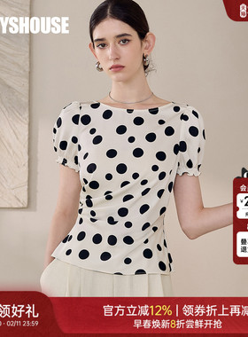 罗衣时尚通勤波点衬衫女2025夏季新款泡泡袖修身缎面上衣12336