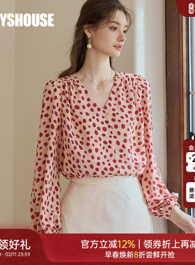 罗衣法式泡泡袖波点衬衫女2025夏季新款气质V领衬衣优雅上衣11670