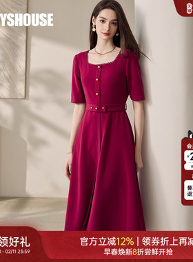 新年专供款|罗衣优雅复古方领红色连衣裙气质系带显瘦大摆裙11819