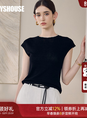 罗衣气质圆领修身黑色针织衫女2025夏季时尚上衣百搭短袖T恤12465