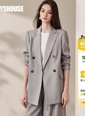 罗衣高知职业修身西装外套女春正式场合亚麻浅灰色西服上衣11931